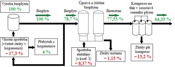 Ztráty metanu při procesu úpravy bioplynu jsou při použití běžných technologií okolo 1,5 % (např. technologie PSA), chemická absorpce má tyto ztráty velmi nízké (okolo 0,04 %).