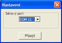 V menu Připojení/Nastavení nastavte číslo COM portu na číslo portu adaptéru a stiskněte Připojit Všechny adaptéry COTR EOBD mají ve všech USB portech stejné číslo COM portu.