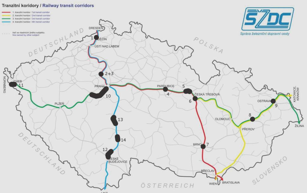 4. tranzitní železniční koridor ČR Sudoměřice Votice 17,0 km ve výstavbě (2021) Soběslav Doubí u Tábora 8,8