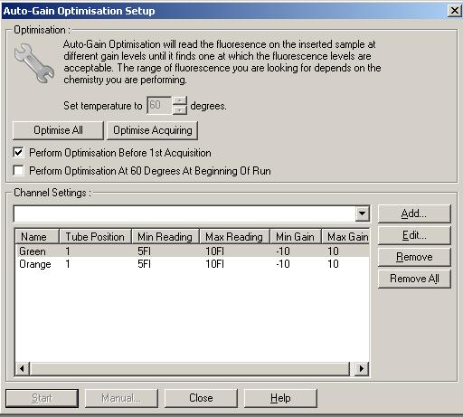 2. Nastavte fluorescenční kanály dle obrázku: teplotu na 60 o C a zaškrtněte políčko Perform Optimisation Before 1st Acquisition 3. Umístěte PCR zkumavky do přístroje. 4. Spusťte amplifikační program.
