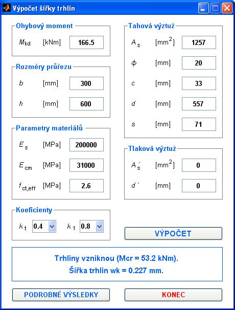 V úvodním okně programu zvolíme možnot VÝPOČET ŠÍŘKY TRHLIN viz Obr.. Náledně zadáme vtupy a tikneme tlačítko VÝPOČET viz Obr. 4. Obr. 4 Okno programu [4] zadání vtupů Výledky výpočtu e zobrazí v okně pro zadávání vtupů (Obr.