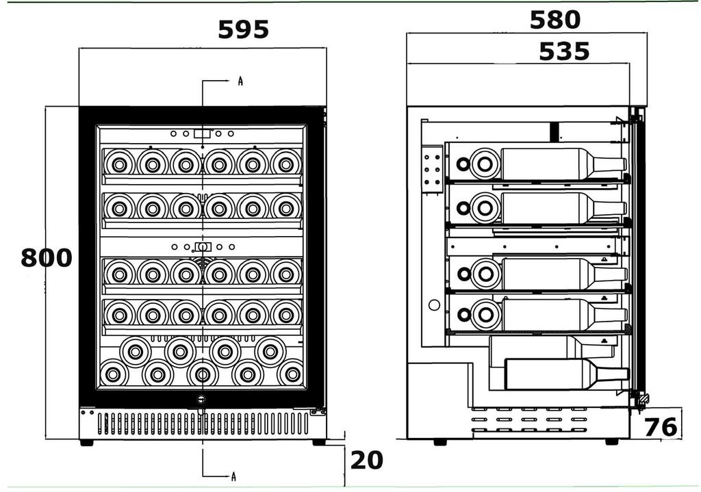 Nad přístrojem musí ve výklenku zůstat 10 mm volného prostoru. Při výšce výklenku např. 830 mm proto nastavitelné nožky vyšroubovat natolik, ab tyto vyčnívaly 20 mm z přístroje a přístroj tak měl vč.