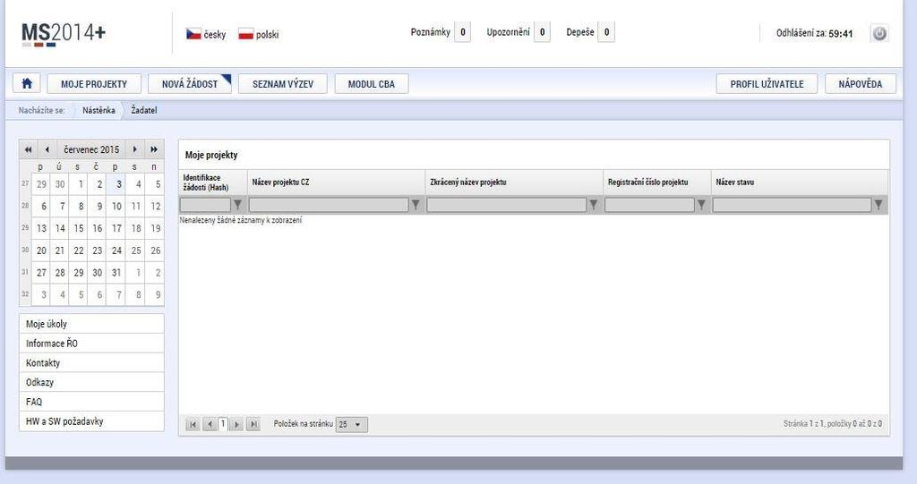 1.1.3 Založení projektu Po kliknutí na záložku Žadatel se zobrazí základní plocha s Moje projekty a novými záložkami Moje projekty; Nová žádost; Seznam výzev; Modul CBA.