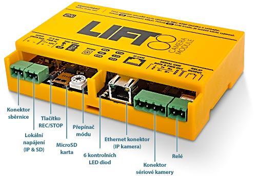 Kamerový modul slouží pro připojení kamery v kabině výtahu. Modul je určený pro připojení kamer typu IP, RS-232, nebo RS-485.