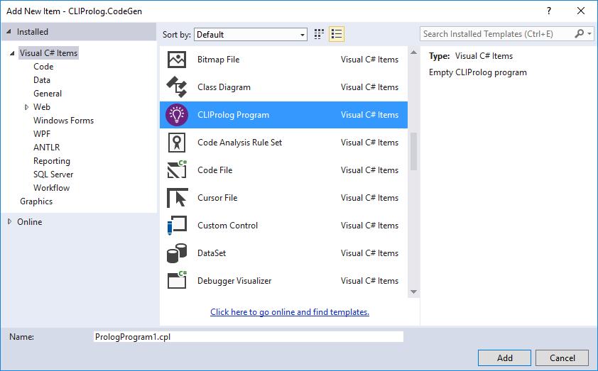 v sekci Visual C# Items najít šablonu CLIProlog Program a dvojklikem ho do projektu přidat. Po přeložení projektu je Prologovský program dostupný jako třída pod názvem uvedeným v direktivě classname.