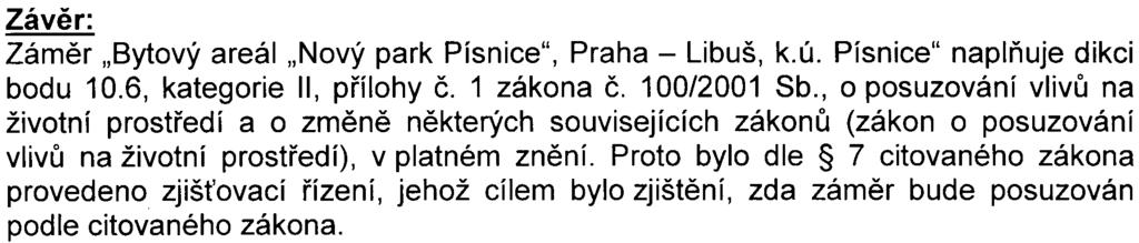 10 Závìr: Zámìr "Bytový areál "Nový park Písnice", Praha - Libuš, k.ú. Písnice" naplòuje dikci bodu 10.6, kategorie II, pøílohy è. 1 zákona È. 100/2001 Sb.