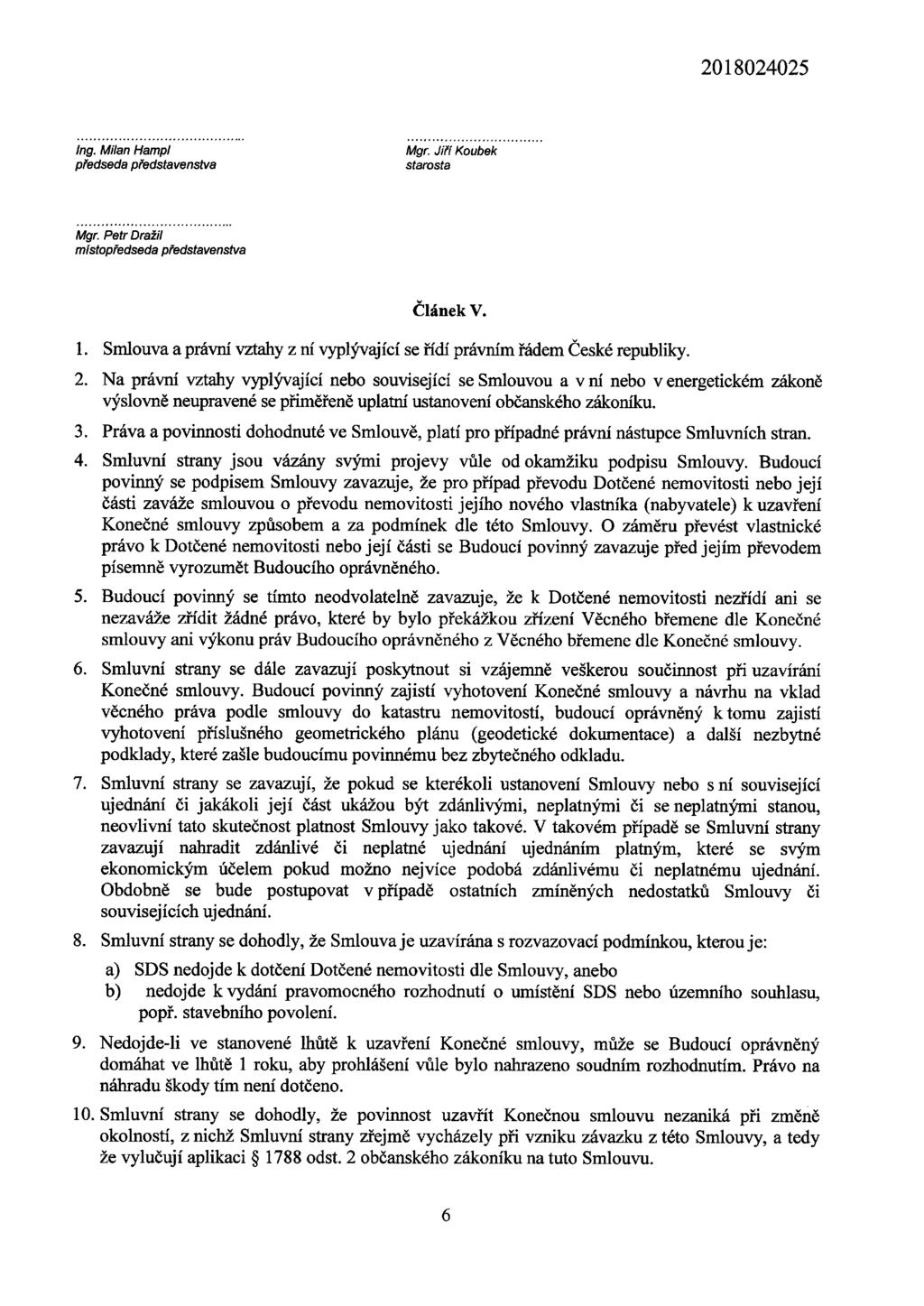 2018024025 Ing. Milan Hampl předseda představenstva Mgr. Jiří Koubek starosta Mgr. Petr Dražíl místopředseda představenstva 10. Článek V.