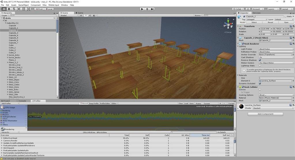 Při prvním testu, kdy jsem model ze Cinemy vložil do Unity, jsem hned přišel na první problém. Textury se neimportují společně s modelem. Tudíž bylo třeba textury buď tzv.