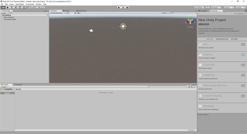 Rozhraní Když spustíme Unity a vytvoříme 3D projekt, načte se toto základní okno. Vlevo vidíme naší scénu a vše, co v ní máme. Dole je okno s tzv.
