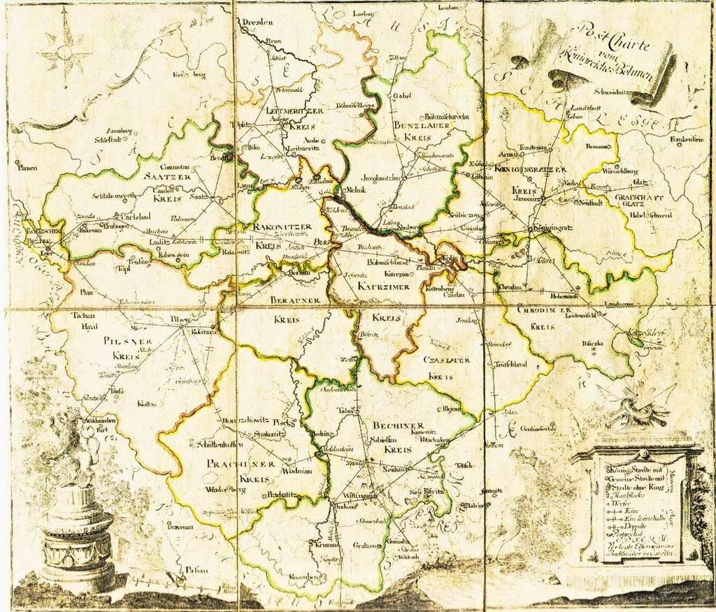 Poštovní mapa Království českého, vydal Antonín Elsenwanger v první polovině sedmdesátých let 18.století Převzato z publikace Poštovnictví v Čechách na Moravě a ve Slezsku.
