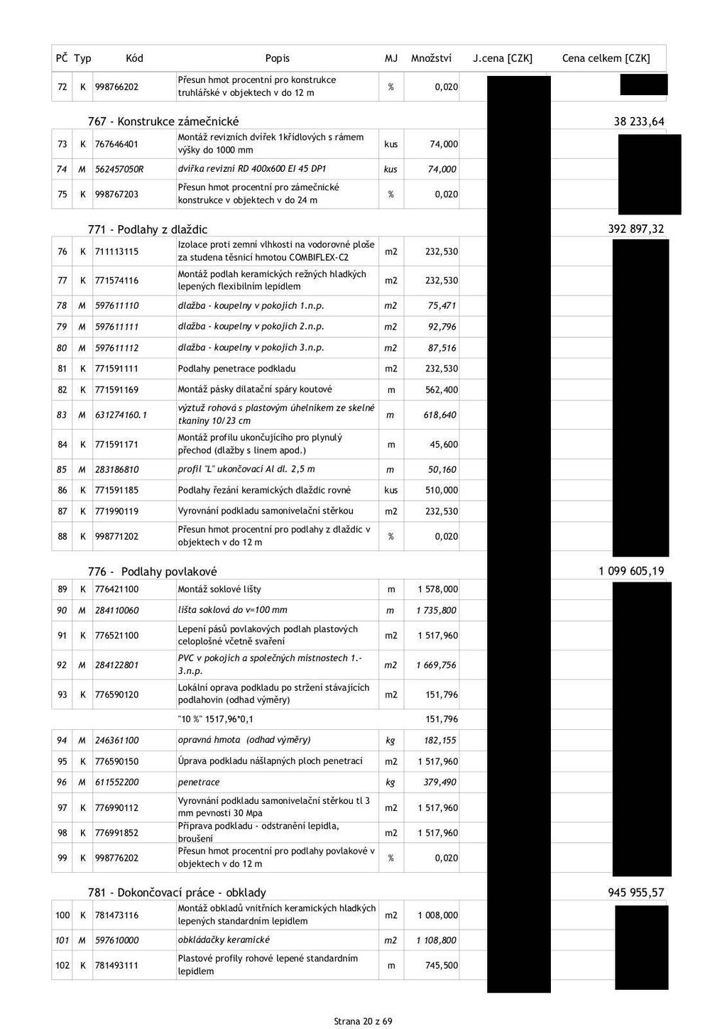 Přesun hmot procentní pro konstrukce 72 K 998766202 % 0,020 truhlářské v objektech v do 12 m 767 - Konstrukce zámečnické Montáž revizních dvířek 1křídlových s rámem 73 K 767646401 kus 74,000 výšky do