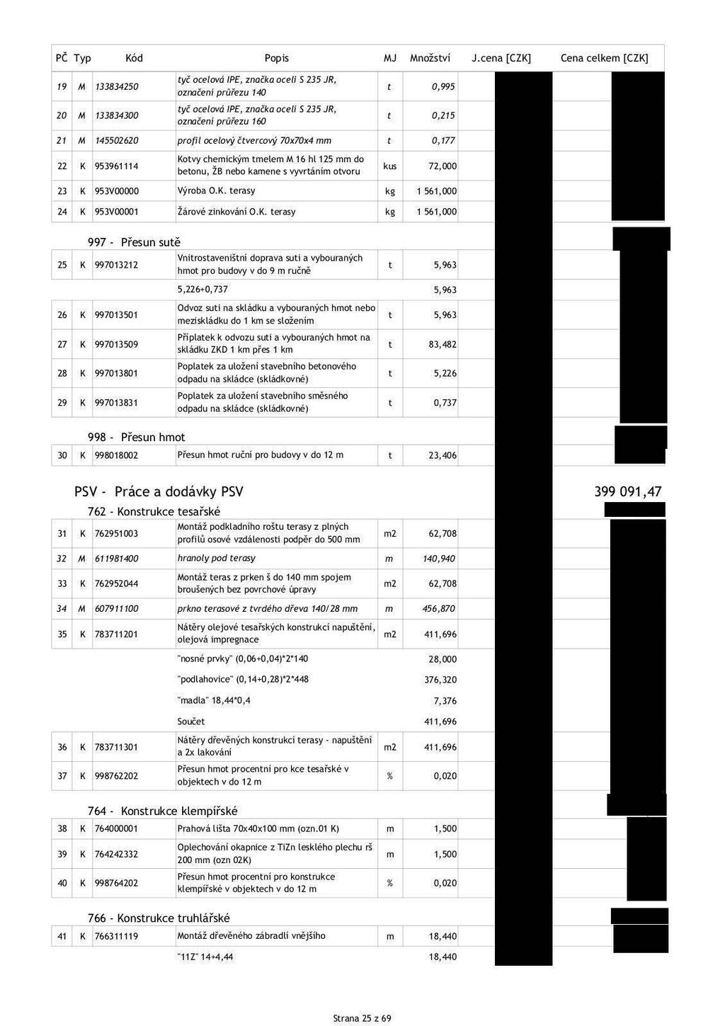 tyč ocelová IPE, značka oceli S 235 JR, 19 M 133834250 t 0,995 označení průřezu 140 tyč ocelová IPE, značka oceli S 235 JR, 20 M 133834300 t 0,215 označení průřezu 160 21 M 145502620 profil ocelový