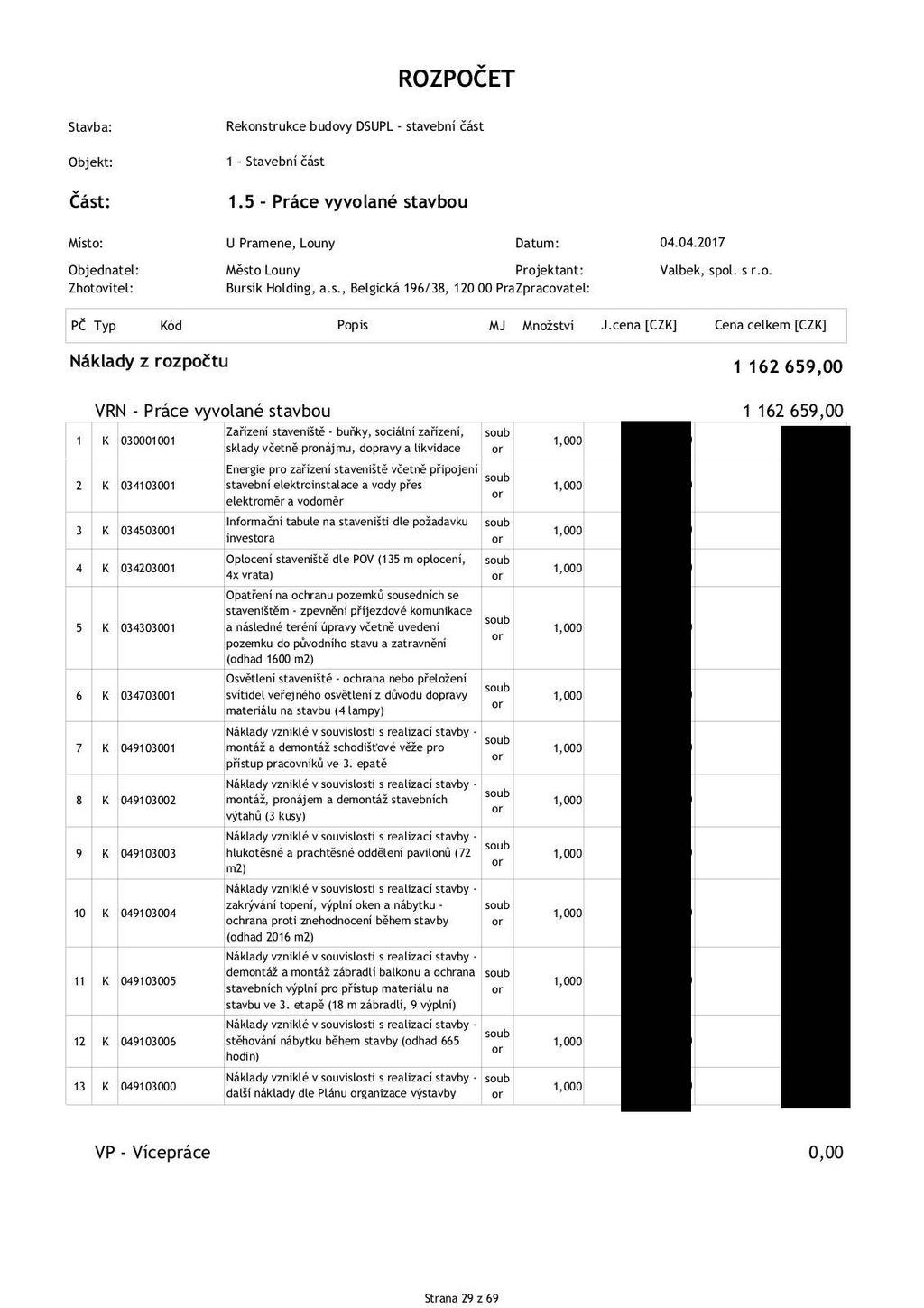 ROZPOČET Část: 1 - Stavební část 1.5 - Práce vyvol