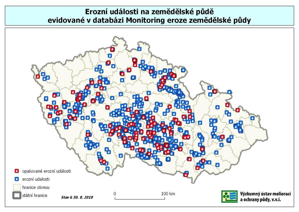 Obrázek 1: Erozní události na zemědělské půdě Tento soubor dat tak již dává náhled na skutečný stav vodní eroze v ČR.