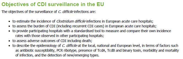 Cíle evropské surveillance CDI odhad incidence CDI v evropských nemocnicích určení zátěže CDI pro evropské nemocnice standardizované lokální