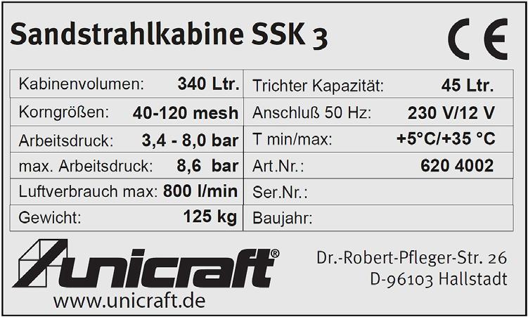 Technická data Pískovací box smí obsluhovat pouze zaškolené a kvalifikované osoby. Ke správnému účelu použití stroje patří také dodržování všech pokynů, které jsou uvedeny v tomto návodu k obsluze.