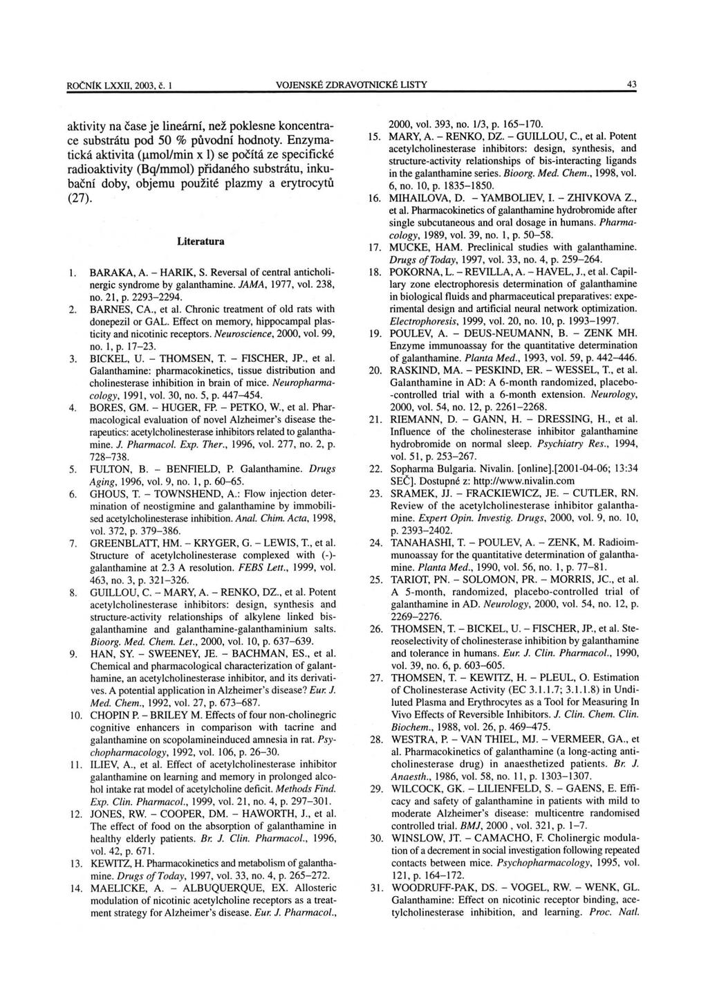 ROČNÍK LXXII, 2003, č. 1 VOJENSKÉ ZDRAVOTNICKÉ LISTY 43 aktivity na čase je lineární, než poklesne koncentrace substrátu pod 50 % původní hodnoty.