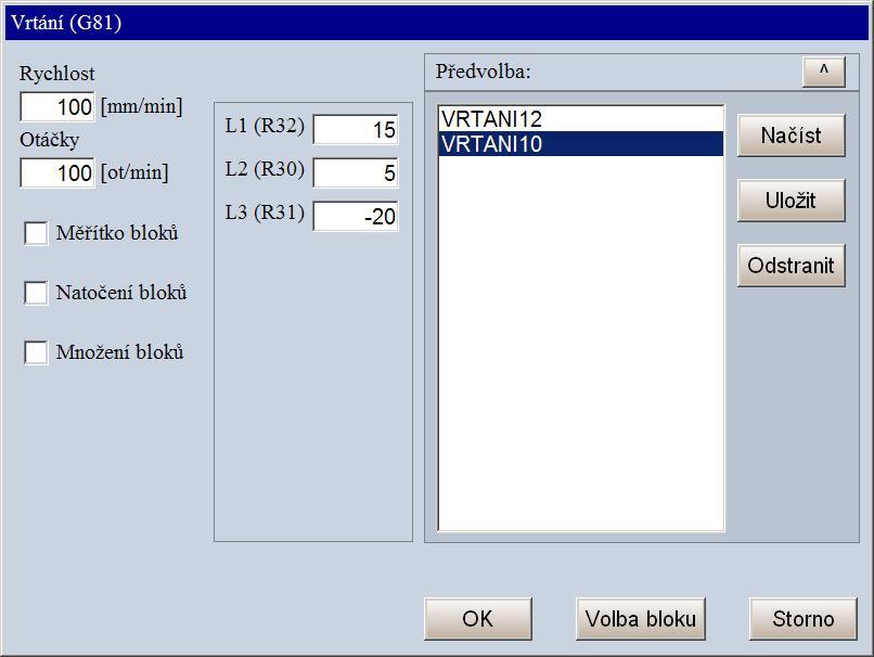 Frézky Předvolba Po stisku rozbalovací šipky u menu Předvolba si můžeme zadané parametry vrtání uložit. Po stisku tlačítka Uložit se objeví zadávací okénko, kde zadáme libovolný název, např. Vrtani12.