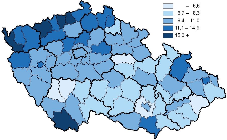 9. Počet UPT na 1 000 žen ve fertilním věku v okresech ČR No.