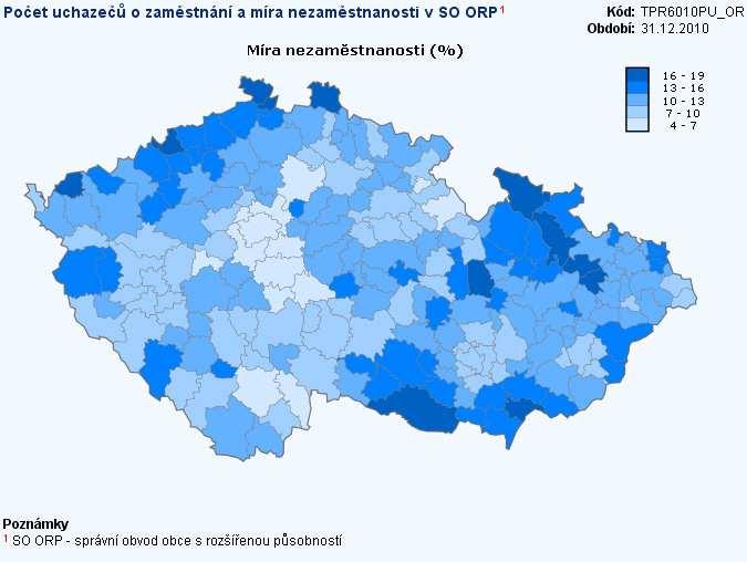 Obrázek 78 - Míra nezaměstnanosti v jednotlivých SO ORP na území ČR za rok 2009 - jev B008 (zdroj: ČSÚ)