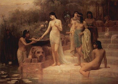 5) FARAONOVA DCERA 5 Pak sestoupila faraonova dcera, aby se umývala v Nilu, zatímco její dívky se procházely na břehu Nilu. Když mezi rákosím uviděla košík, poslala svou otrokyni, aby jej přinesla.