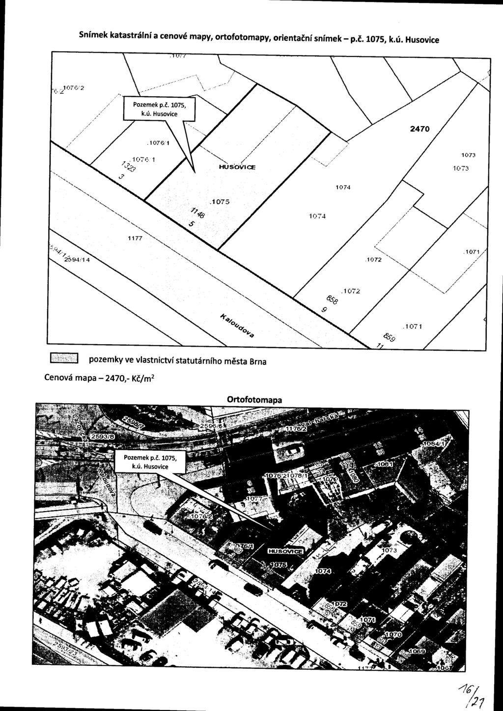 Snímek katastrální a cenové mapy, ortofotomapy, orientační snímek - p.č. 1075, k.ú. Husovice.