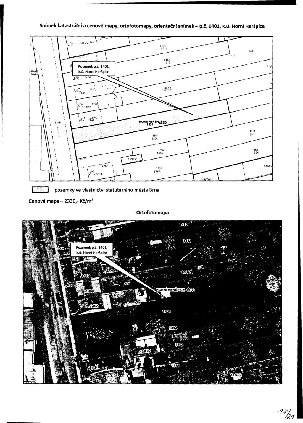 Snímek katastrální a cenové mapy, ortofotomapy, orientační snímek - p.č. 1401, k.ú.