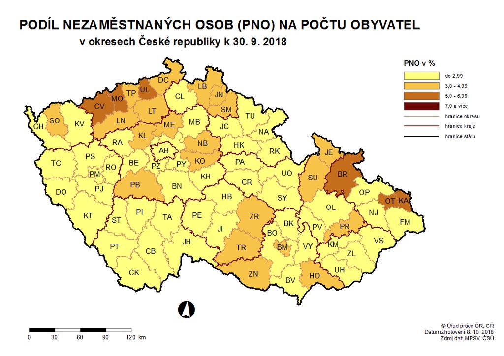 Podíl nezaměstnaných osob v okresech ČR k 30.