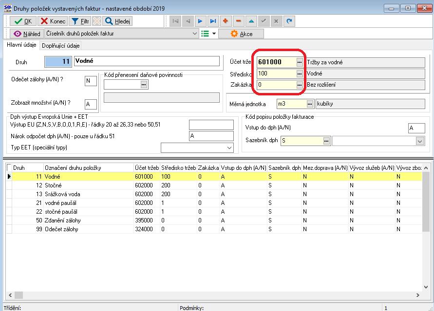 faktur. Číselník je přednastaven a při standartních požadavcích měníme jen číslo účtu.