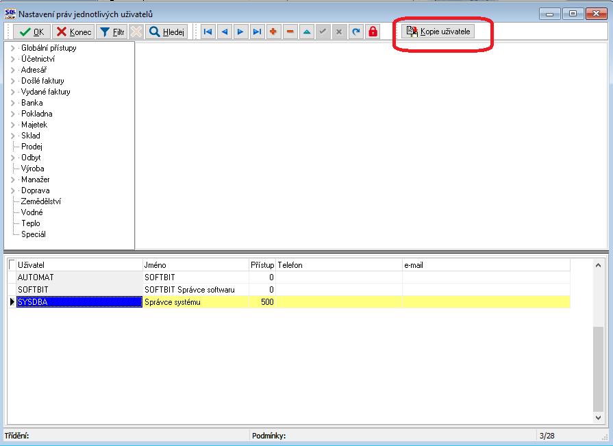 Obrázek: Nastavení nového uživatele V nabídce Nastavení\Přidělení firem uživatelům přes tlačítko Kopie uživatele a jeho