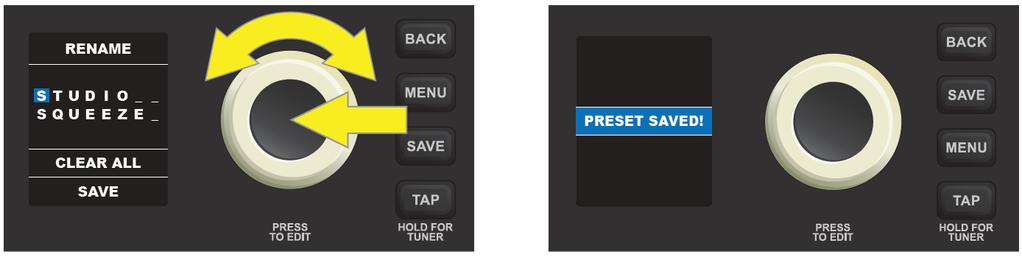 (preset uložen) a displej se vrátí na původní stránku presetu: SAVE AS (ULOŽIT JAKO): Umožňuje preset uložit na jinou pozici, a to se stejným nebo změněným názvem.