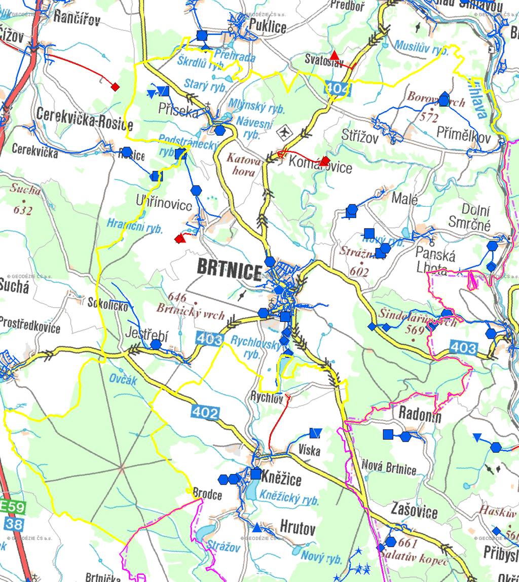 MAPA - VODOVODY Trasování sítí, lokalizace vodojemů, zdrojů, čerpacích stanic, ATS, ÚV Vodovodní řady Vodojem zemní Vodojem věžový Úpravna