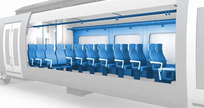 FUNKČNOST A VZHLED Interiér Uvnitř vlaku je kladen velký důraz na pohodlí a bezpečnost cestujících. Police na zavazadla, madla, sedadla a skládací stolky musí denně odolávat různým zatížením.