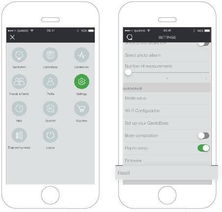 RESETOVÁNÍ QARDIOBASE NA IOS Je možné, že budete muset vaši váhu QardioBase resetovat, a to v případě, že jste již dosáhli povoleného počtu spárovaných zařízení, případně jako jeden z kroků při