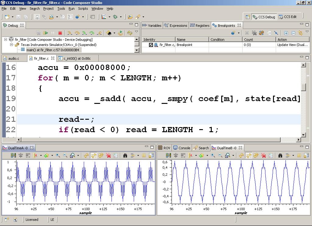 100 FEKT Vysokého učení technického v Brně Uvedená implementace byla testována v simulátoru prostředí Code Composer Studio verze 5. Snímek obrazovky je na obr. 9.7.