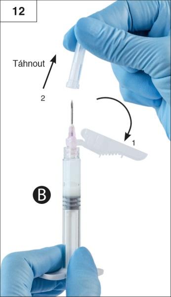 Krok 12: Odstraňte bezpečnostní chránič z jehly a před vlastní aplikací sejměte z jehly ochrannou krytku (obrázek 12). Důležité: Před aplikací nemanipulujte s bezpečnostním mechanismem jehly.