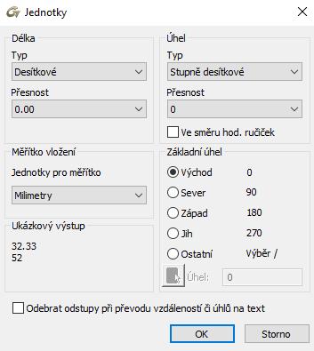 Délkové jednotky výkresu mohou představovat palce, stopy, metry nebo míle. Musí být také nastavena přesnost. Nastavení přesnosti ovlivňuje pouze zobrazení vzdáleností, úhlů a souřadnic.