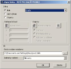 Příkad 2: Uložení bloku do samostatného DWG souboru V tomto příkladu, uložíte předtím vytvořený blok do samostatného DWG výkresu. 1. Na záložce Bloky & Reference, v panelu Bloky, klikněte na. 2. V dialogovém okně Zápis bloku, proveďte následující nastavení: Vyberte Blok ja zdroj DWG výkresu.