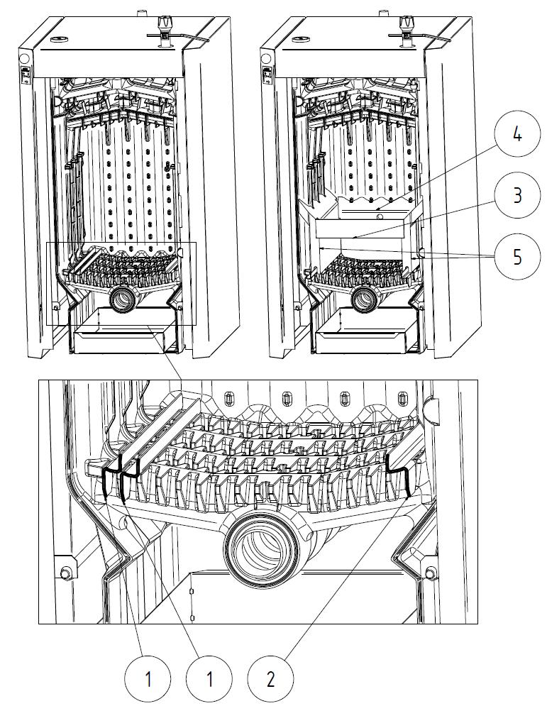 Keramické vložky pre kotol VIADRUS HERCULES U26 ECO 10 čl. 1 vložka predná 2 vložka zadná 3 plech vodiaci 10 čl. 4 vložka bočná zámková veľká B 5 vložka bočná zámková veľká A Obr. č. 8 Pozícia 1 zobrazuje dve možné umiestnenia vodiaceho plechu v ľavej strane kotlového telesa.