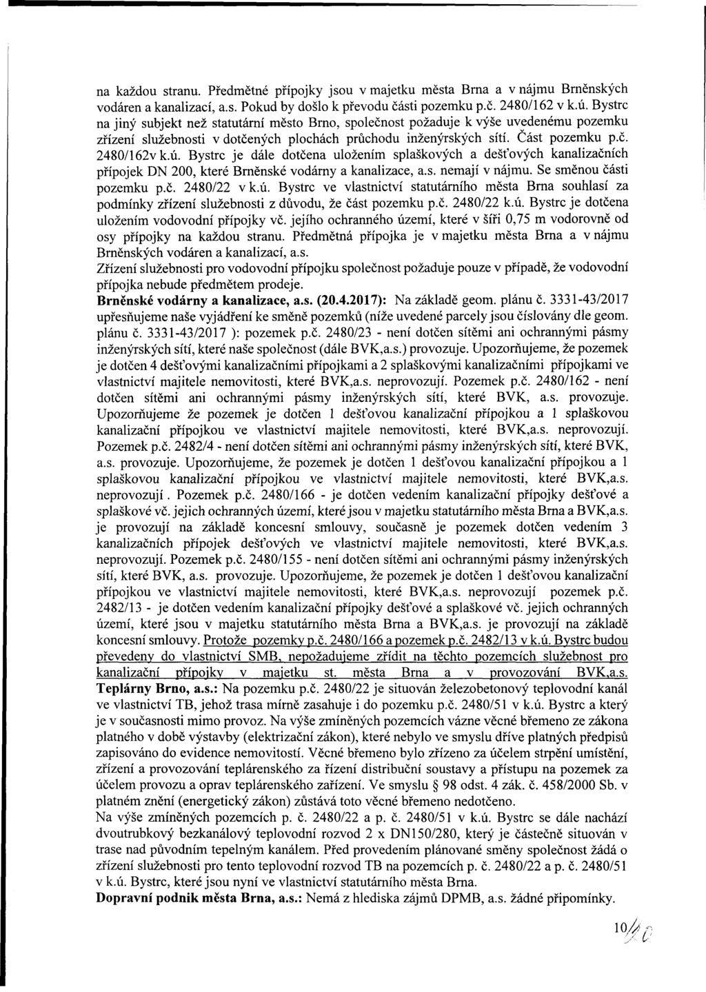 na každu stranu. Předmětné přípjky jsu v majetku města Brna a v nájmu Brněnských vdáren a kanalizací, a.s. Pkud by dšl k převdu části pzemku p.č. 2480/162 v k.ú.