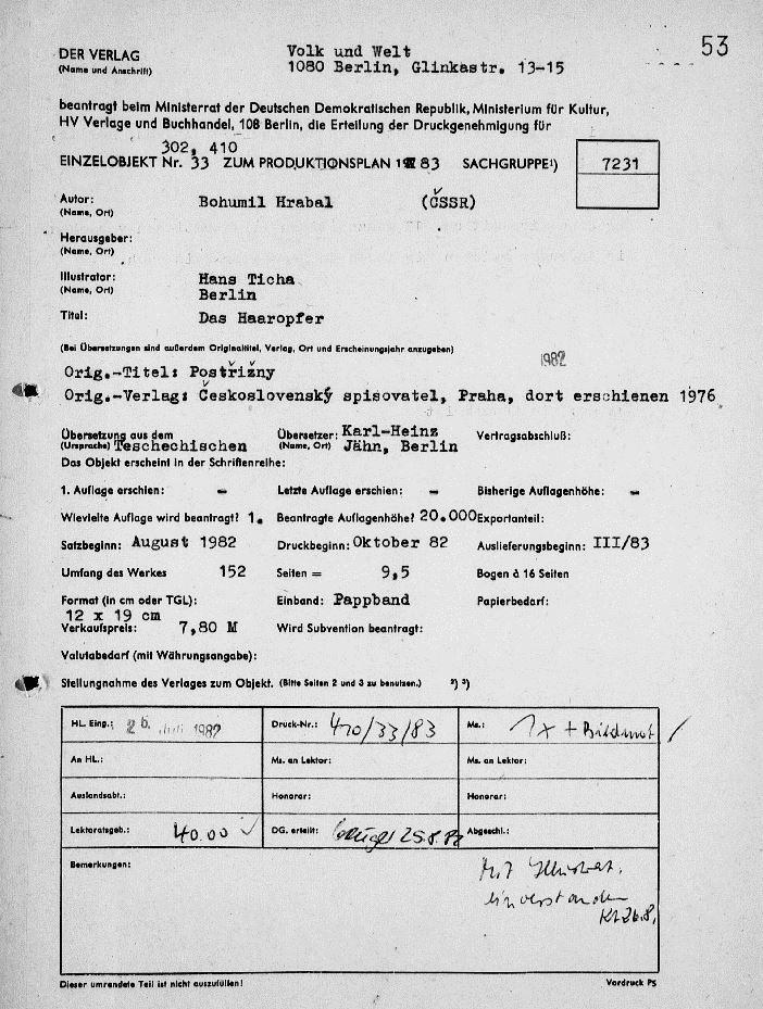 Příloha 2. Formulář povolení k tisku knihy: HRABAL, Bohumil, 1983. Das Haaropfer.