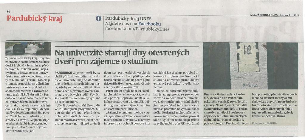 82 Pardubický kraj 0 Pardubický kraj DNES Najdete nás i na Facebooku facebook.com/pardubickydnes MLADA FRONTA DNES I čtvrteks.1.