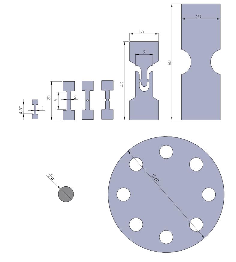 notched tensile sample e) shear test sample f) V-bending test sample, plane strain sample g) small punch test h) punch