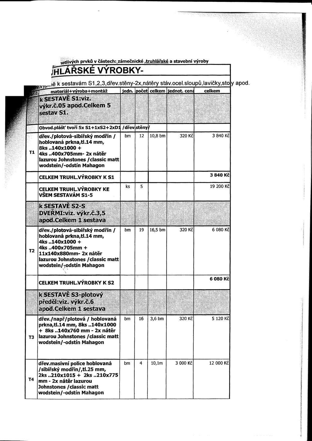 " ntlivych prvků v částech:zámečnické,truhlářské a stavební výroby hlarske vyrobkymateriál+vvroba+montáž iedn. počet celkem jednot, cen: celkem k SESTAVĚ Sl:viz. výkr.č.05 apod.celkem 5 sestav Sl.