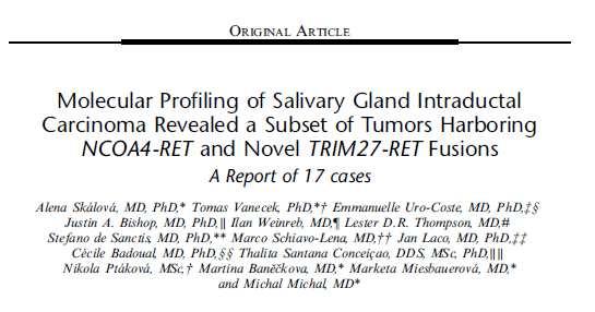 Intraduktálníkarcinom NGS analysis prokázala NCOA4-RET fúzi exonu 7 a 8 NCOA4 genu a exonu 12 RET genu v 6 případech