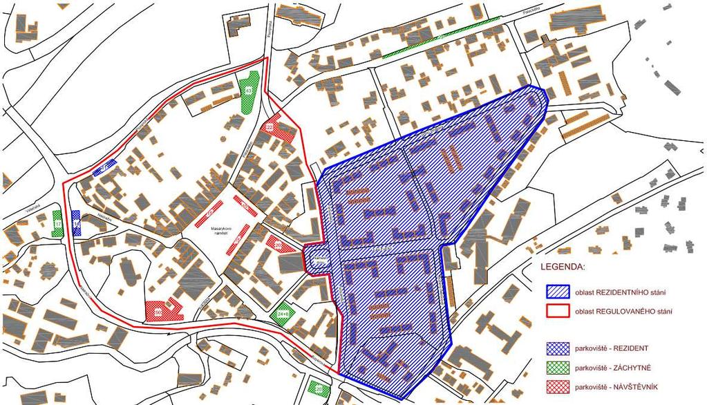 Obrázek 28: Koncepce dopravy v klidu v centru města Rožnova pod Radhoštěm a navazujícím území, verze 1 Verze 2 nabízí řešení, kdy uvnitř oblasti regulovaného stání je společně zajištěno krátkodobé