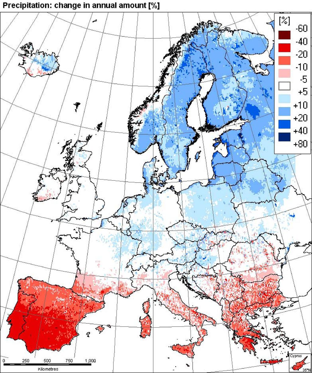 Projektované změny srážek Roční změny v % (období 2071/2100 ve srovnání s