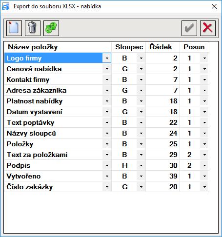 2.7.6 Export 2.7.6.1 Export do XLSX nabídka (Ctrl + A) Podle tohoto nastavení se provádí export Nabídek a exportovat lze všechny položky používané v cenové nabídce.