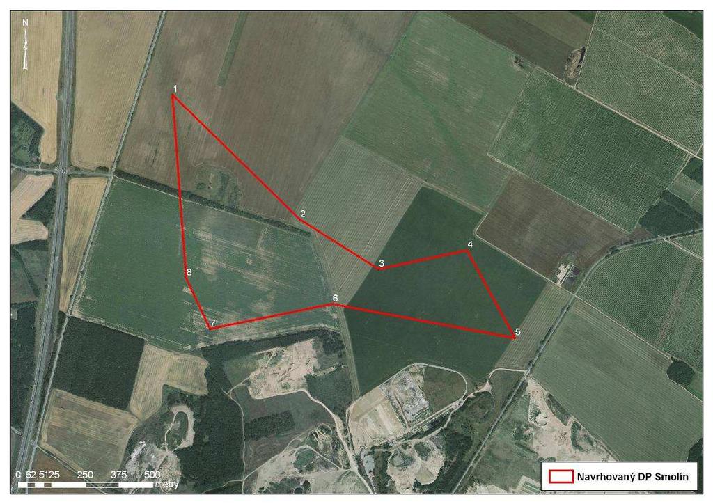 ČÁST B Obrázek č. 2: Navržený DP Smolín v leteckém snímku Pozn.: DP je umístěn dle souřadnicového systému JTSK 4.