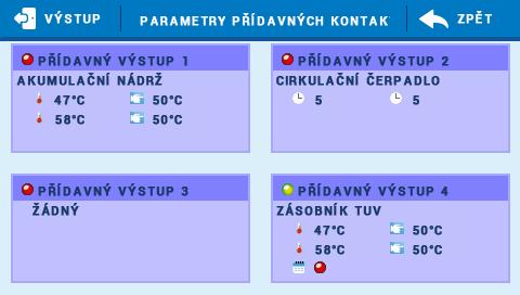 Nastavení 5. PARAMETRY PŘÍDAVNÝCH VÝSTUPŮ V tomto náhledu jsou přehledně zobrazeny všechny 4 přídavné výstupy regulátoru.